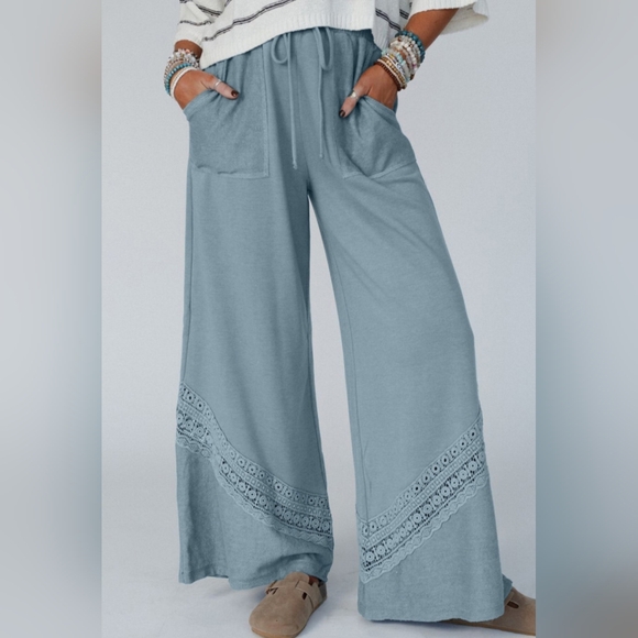 Pants - Dusk Blue Lace Crochet Patched Lace-up HighWaist Wide Leg Pants